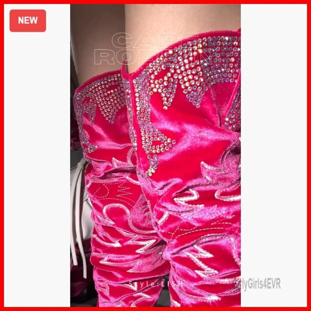 Rhinestone Embroidered Thigh High Cowboy Boots Wide Calf 3 Inch Heel